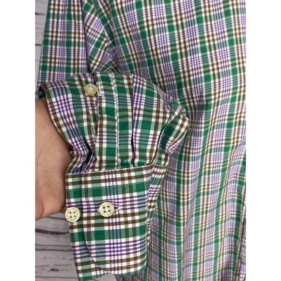 Peter Millar Mens Green Purple Plaid Button-Up Shirt Medium 100% Cotton Long Sle - Picture 6 of 9